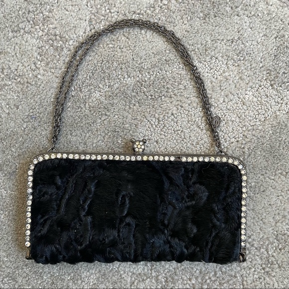 Clara Kasavina Black Fur Swarovski Crystal Embellished Evening Bag Clutch - Picture 2 of 11
